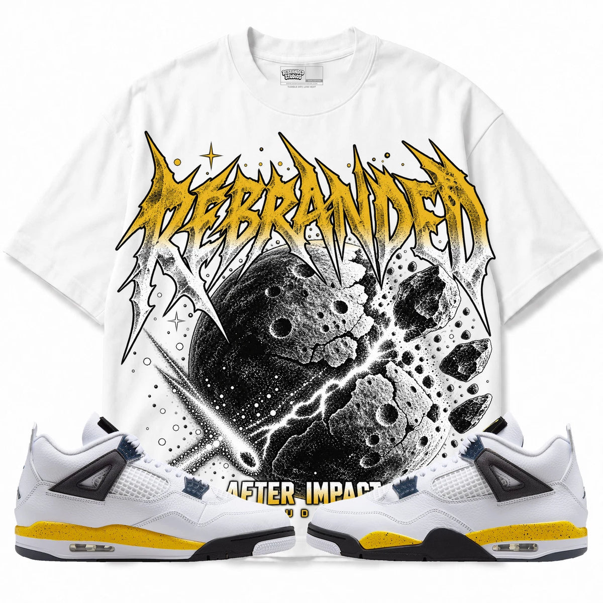 Rebranded Studios After Impact Air Jordan 4 Tour Yellow Collection white shirt — front with sneakers