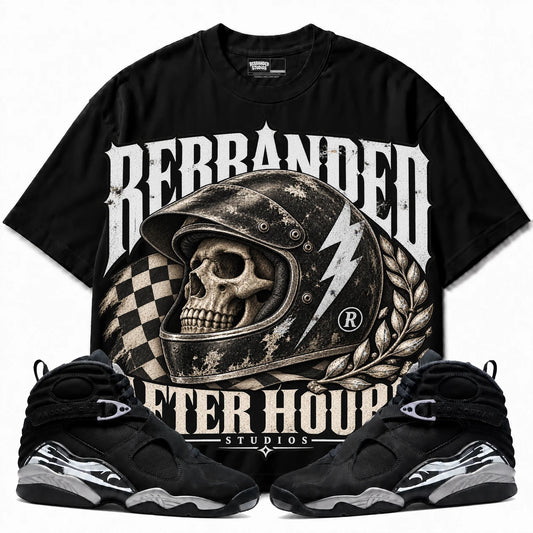 Rebranded Studios After Hours Air Jordan 8 Chrome Collection black shirt — front with sneakers