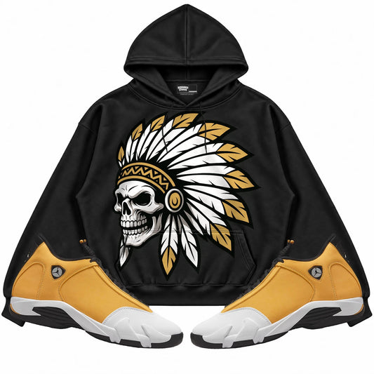 Rebranded Studios Chief 2.0 Air Jordan Retro 14 Ginger Black hoodie — front with sneakers