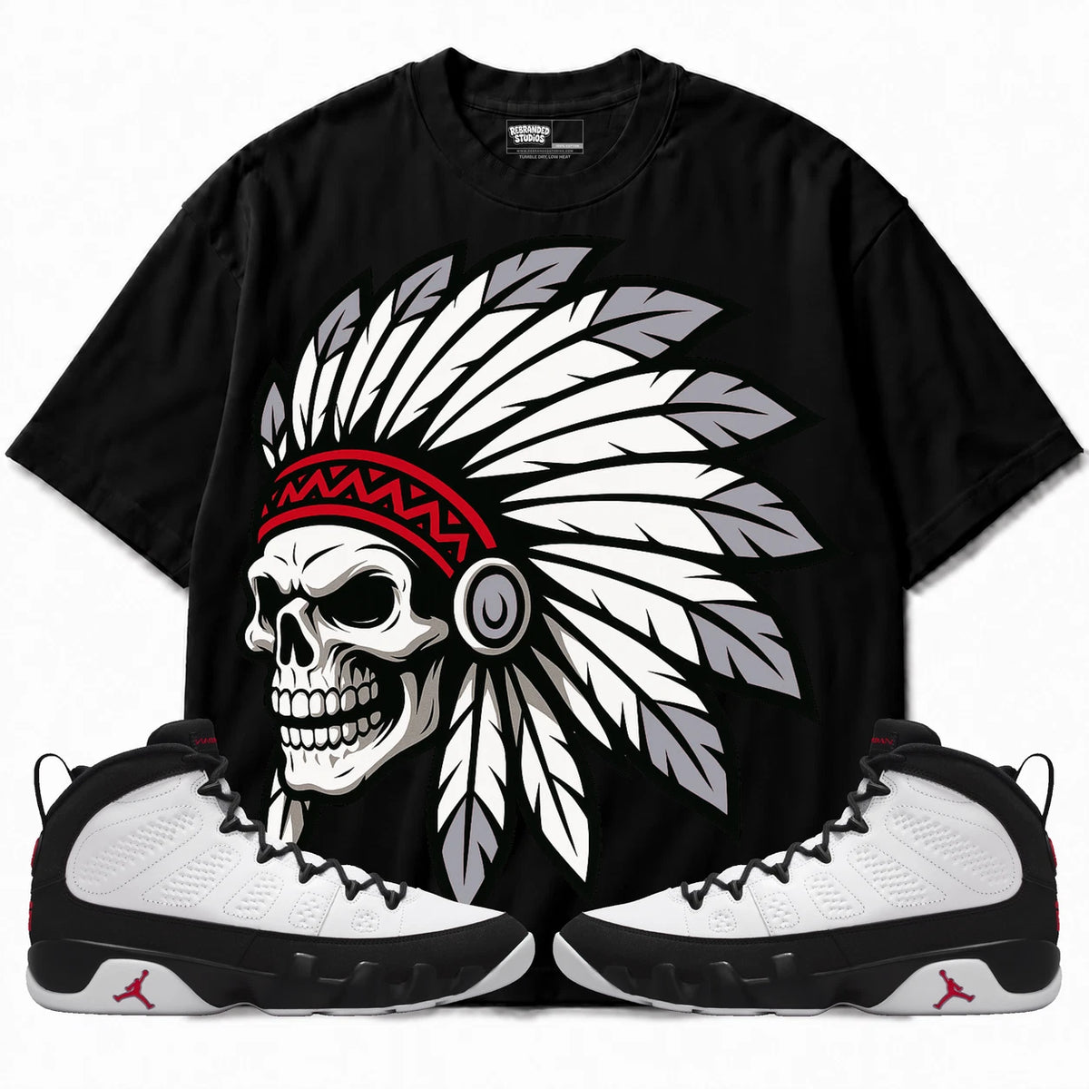 Rebranded Studios Chief 2.0 Air Jordan 9 OG Space Jam Black shirt — front with sneakers