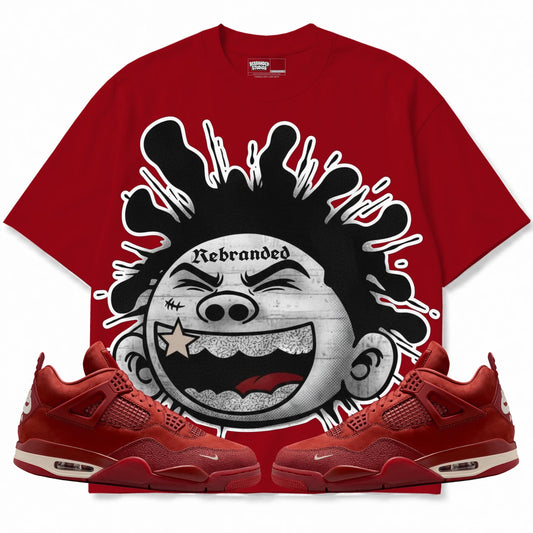Rebranded Studios Silly Kid 2.0 Air Jordan 4 Brick By Brick red shirt — front with sneakers