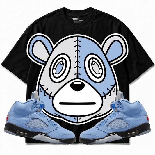 Rebranded Studios Rebranded Bear Air Jordan 5 UNC Collection black shirt — front with sneakers
