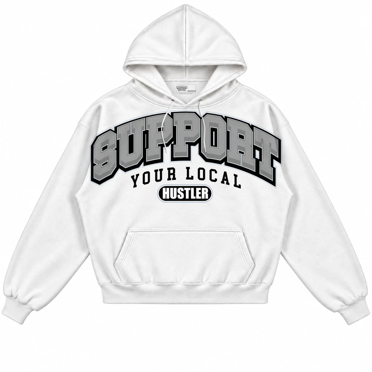 Rebranded Studios Support Your Local Hustler Air Jordan 11 Cement Grey White hoodie — front