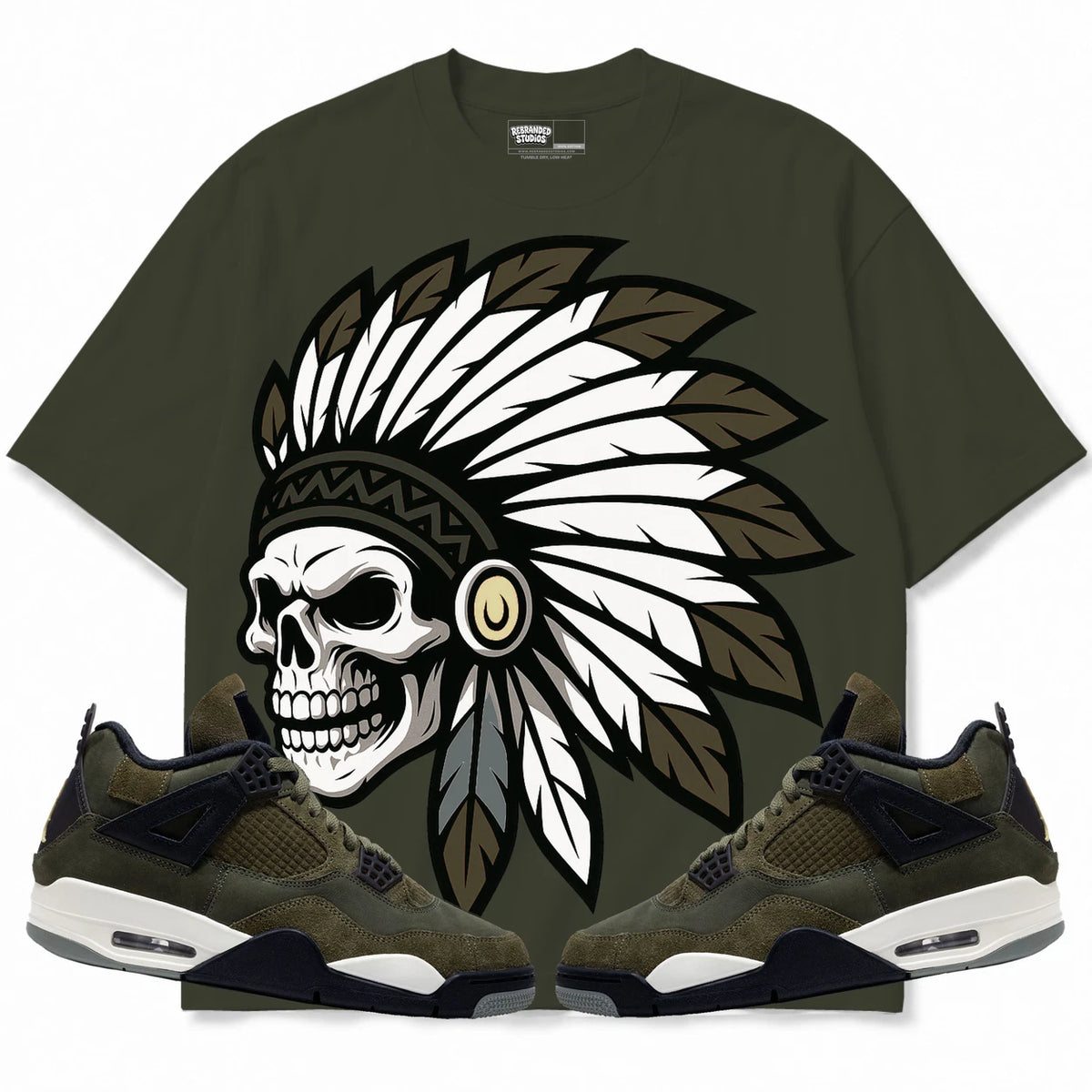 Rebranded Studios Chief 2.0 Air Jordan 4 Craft "Olive" Olive shirt — front with sneakers