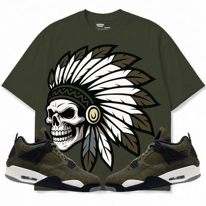 Rebranded Studios Chief 2.0 Air Jordan 4 Craft "Olive" Olive shirt — front with sneakers