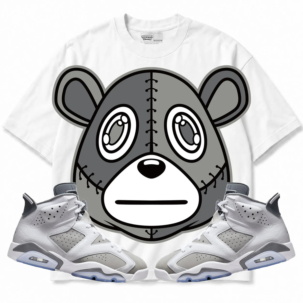 Rebranded Studios Rebranded Bear Air Jordan Retro 6 Cool Grey Collection white shirt — front with sneakers