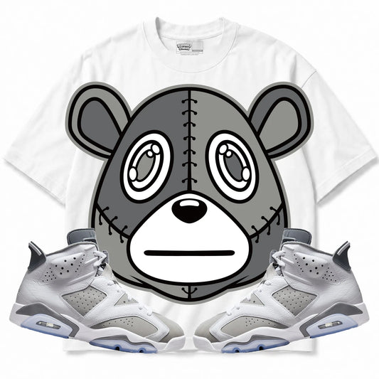Rebranded Studios Rebranded Bear Air Jordan Retro 6 Cool Grey Collection white shirt — front with sneakers