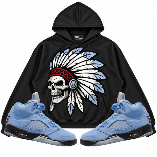 Rebranded Studios Chief 2.0 Air Jordan 5 UNC Collection Black hoodie — front with sneakers