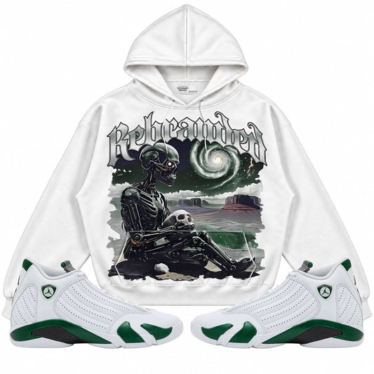 Rebranded Studios Rebranded Future Air Jordan 14 Forest Green white hoodie — front with sneakers