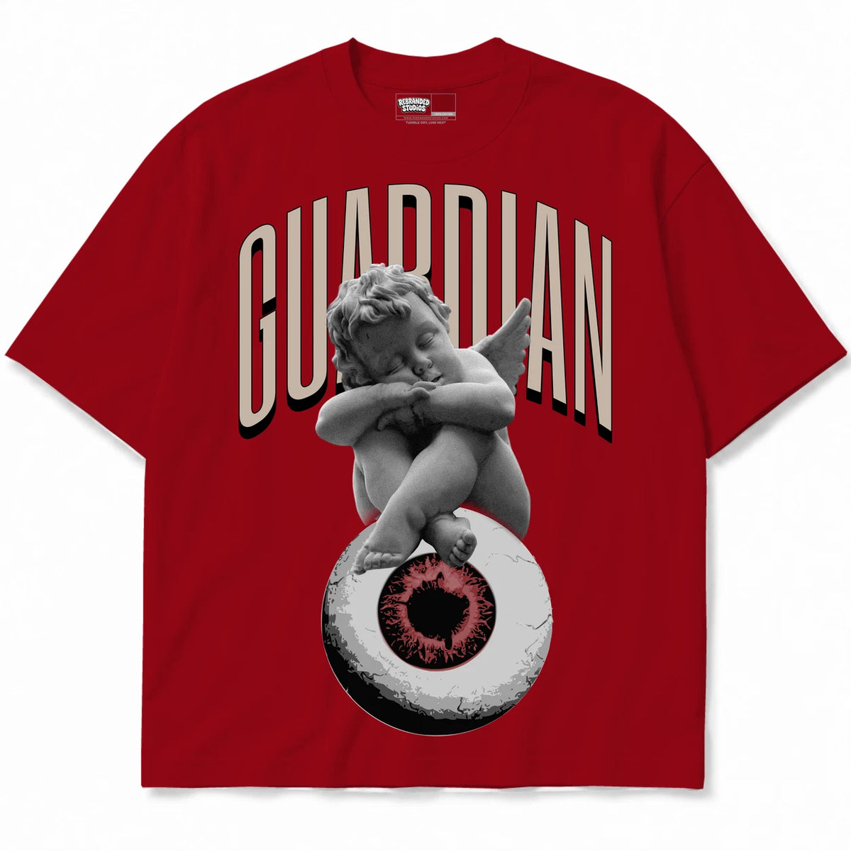 Rebranded Studios Guardian Air Jordan 4 Brick By Brick red shirt — front
