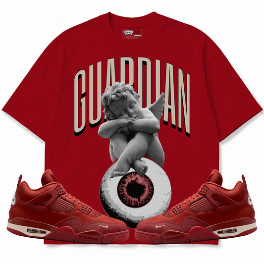 Rebranded Studios Guardian Air Jordan 4 Brick By Brick red shirt — front with sneakers