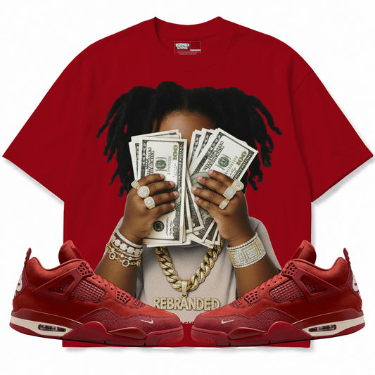 Rebranded Studios Yung Cash Air Jordan 4 Brick By Brick red shirt — front with sneakers