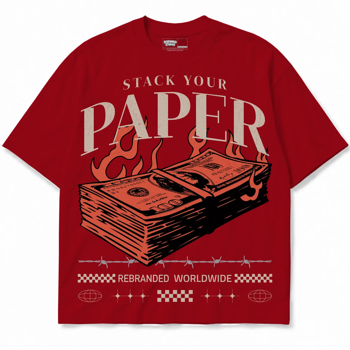 Rebranded Studios Stack Your Paper Air Jordan 4 Brick By Brick red shirt — front