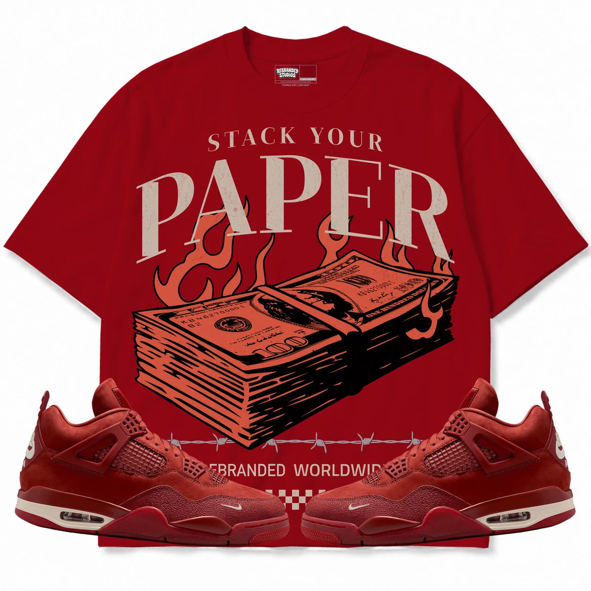 Rebranded Studios Stack Your Paper Air Jordan 4 Brick By Brick red shirt — front with sneakers