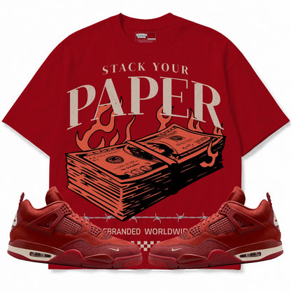 Rebranded Studios Stack Your Paper Air Jordan 4 Brick By Brick red shirt — front with sneakers