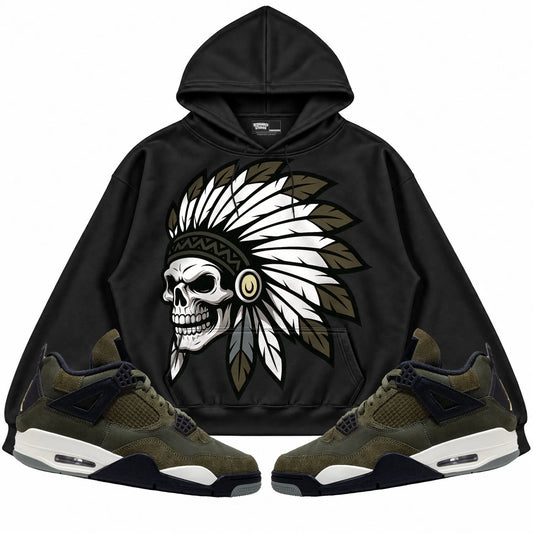Rebranded Studios Chief 2.0 Air Jordan 4 Craft "Olive" Black hoodie — front with sneakers
