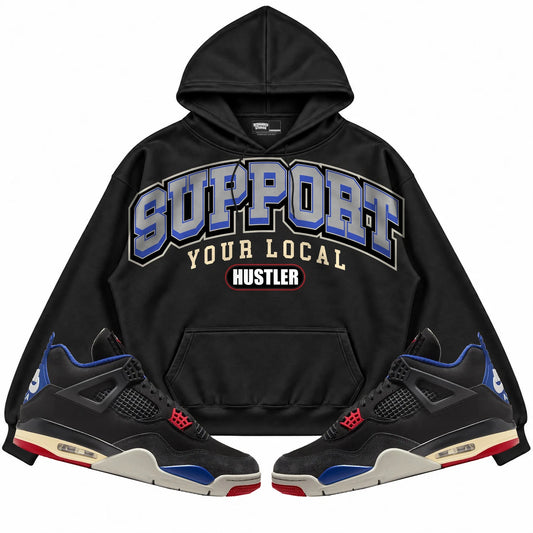 Rebranded Studios Support Your Local Hustler Air Jordan 4 Rare Air Black hoodie — front with sneakers