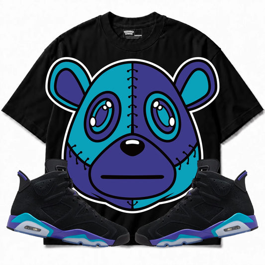 Rebranded Studios Rebranded Bear Air Jordan 6 Aqua Collection black shirt — front with sneakers