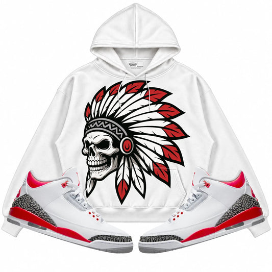 Rebranded Studios Chief 2.0 Air Jordan Retro 3 Fire Red White hoodie — front with sneakers