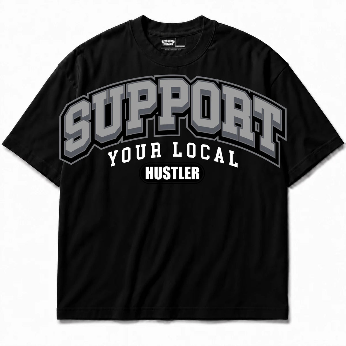 Rebranded Studios Support Your Local Hustler Air Jordan 8 Chrome black shirt — front