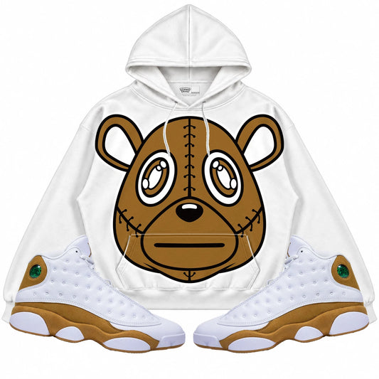 Rebranded Studios Rebranded Bear Air Jordan 13 Wheat Collection white hoodie — front with sneakers