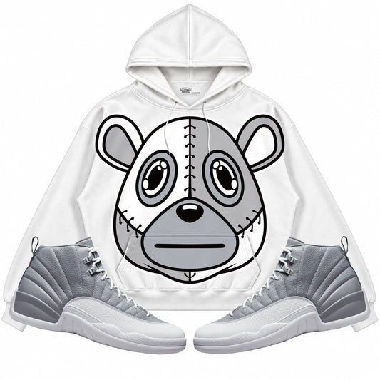 Rebranded Studios Rebranded Bear 2.0 Air Jordan Retro 12 Stealth White hoodie — front with sneakers