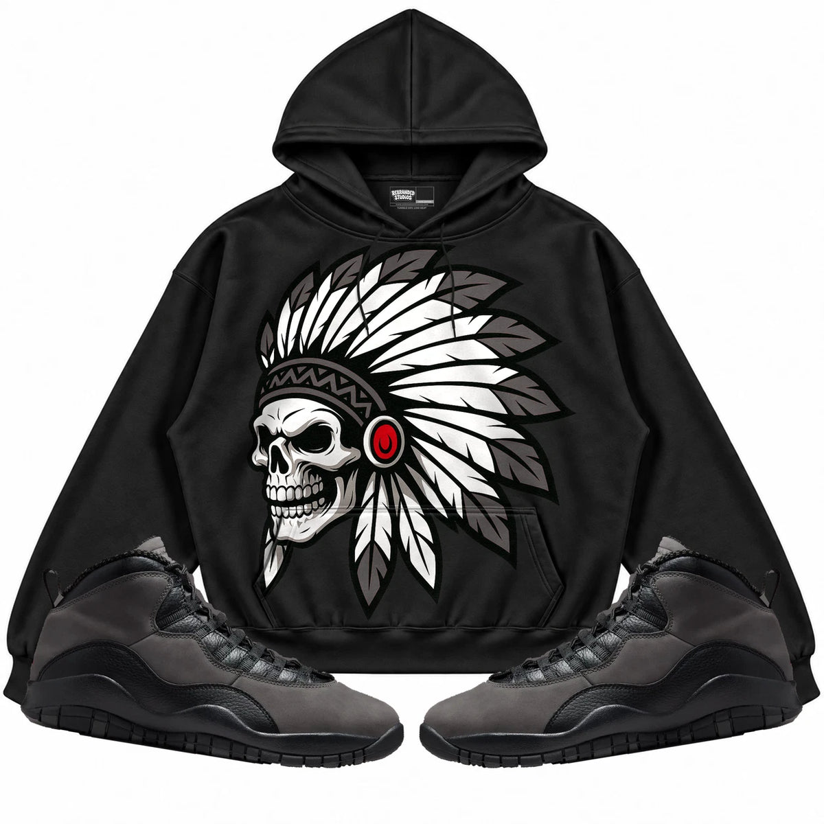 Rebranded Studios Chief 2.0 Air Jordan 10 Shadow Black hoodie — front with sneakers