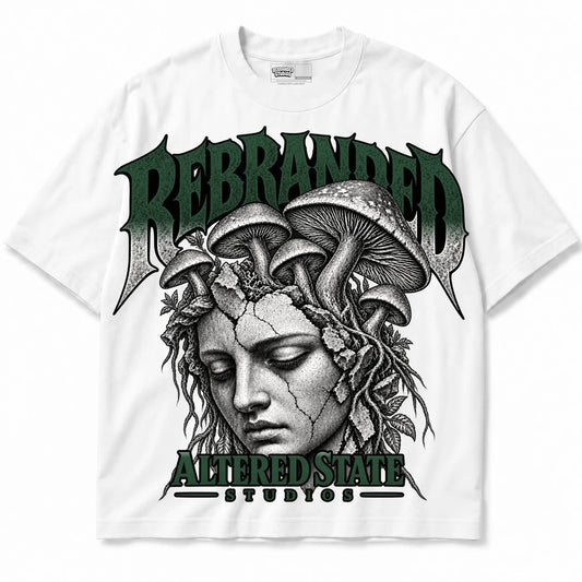 Rebranded Studios Altered State Air Jordan 14 Forest Green Collection white shirt — front — alternate view