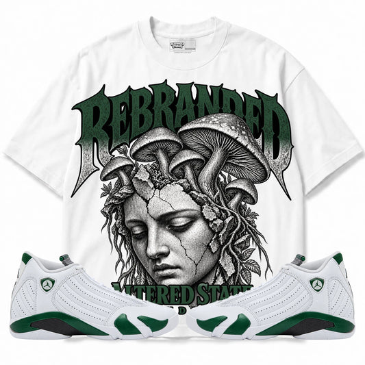 Rebranded Studios Altered State Air Jordan 14 Forest Green Collection white shirt — front with sneakers