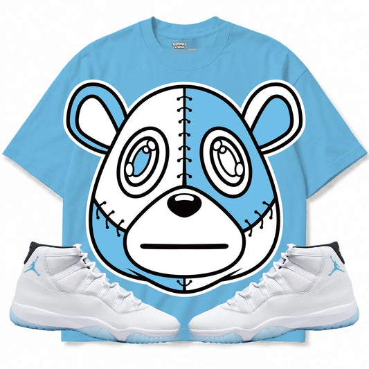 Rebranded Studios Rebranded Bear Air Jordan 11 Legend Blue Collection light blue shirt — front with sneakers