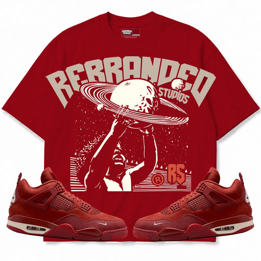 Rebranded Studios Studios Planet Air Jordan 4 Brick By Brick red shirt — front with sneakers
