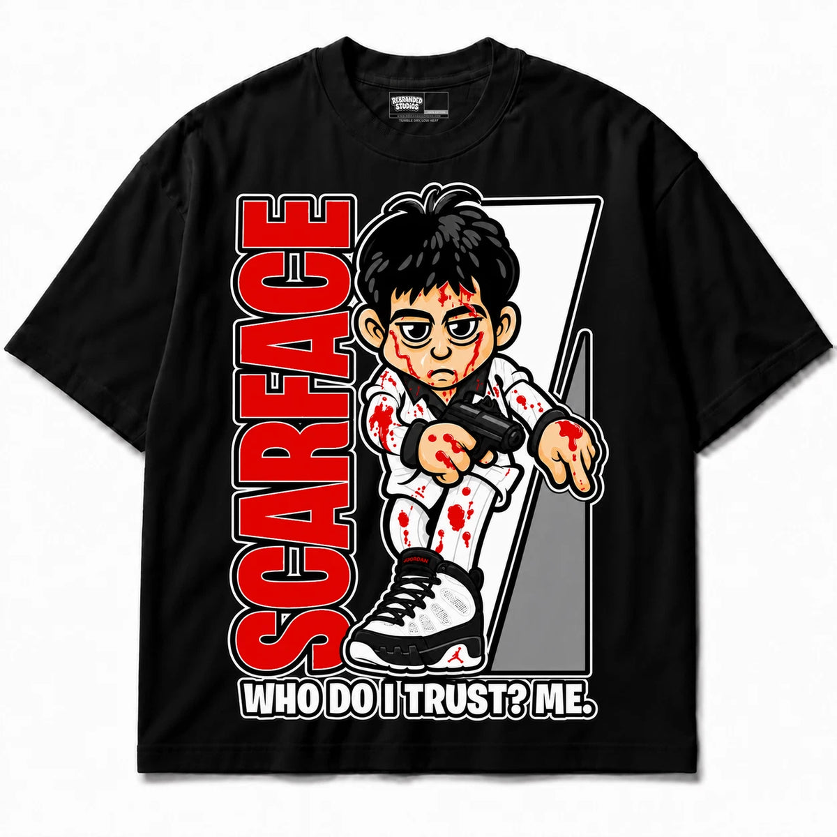 Rebranded Studios Scarface Who Do I Trust Me Air Jordan 9 OG Space Jam Collection black shirt — front
