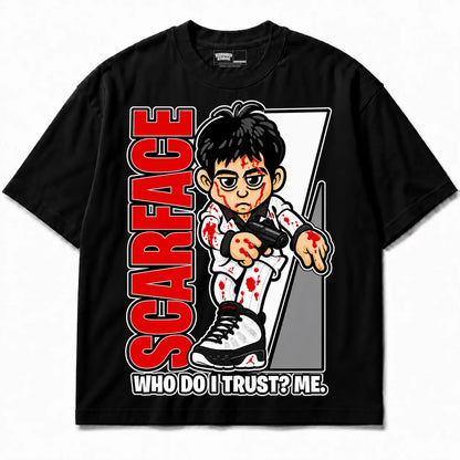 Rebranded Studios Scarface Who Do I Trust Me Air Jordan 9 OG Space Jam Collection black shirt — front