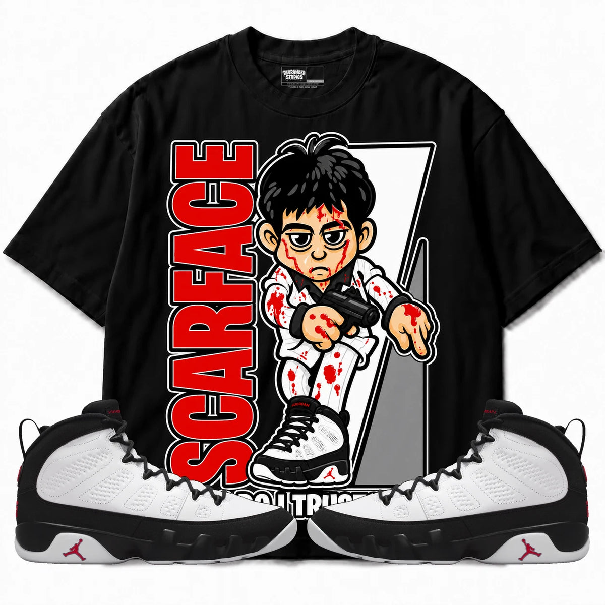 Rebranded Studios Scarface Who Do I Trust Me Air Jordan 9 OG Space Jam Collection black shirt — front with sneakers