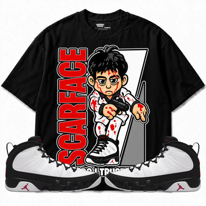 Rebranded Studios Scarface Who Do I Trust Me Air Jordan 9 OG Space Jam Collection black shirt — front with sneakers