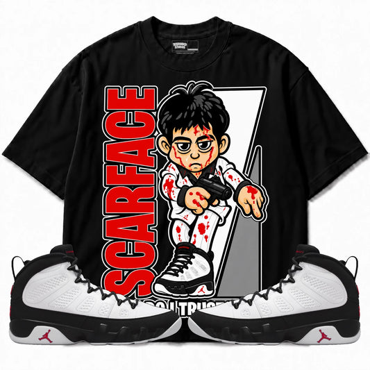 Rebranded Studios Scarface Who Do I Trust Me Air Jordan 9 OG Space Jam Collection black shirt — front with sneakers