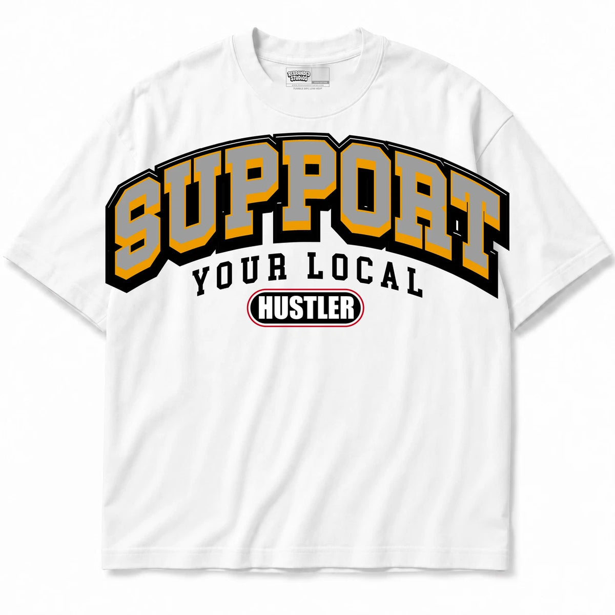 Rebranded Studios Support Your Local Hustler Air Jordan 12 Taxi Collection White shirt — front