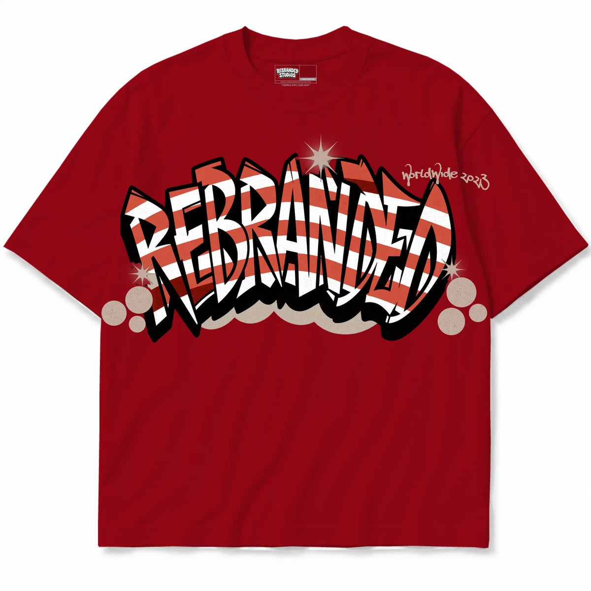 Rebranded Studios Stacked Graffiti Air Jordan 4 Brick By Brick red shirt — front