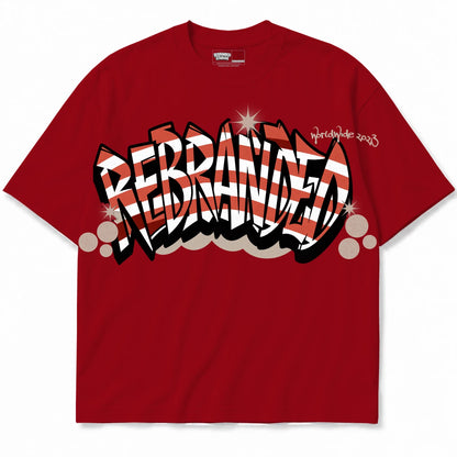 Rebranded Studios Stacked Graffiti Air Jordan 4 Brick By Brick red shirt — front