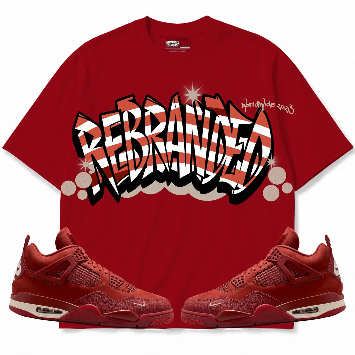 Rebranded Studios Stacked Graffiti Air Jordan 4 Brick By Brick red shirt — front with sneakers