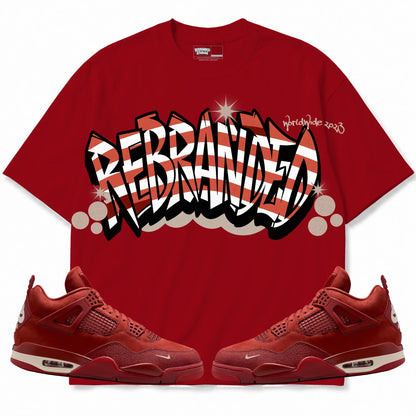 Rebranded Studios Stacked Graffiti Air Jordan 4 Brick By Brick red shirt — front with sneakers