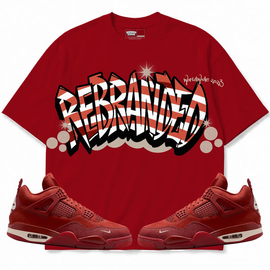 Rebranded Studios Stacked Graffiti Air Jordan 4 Brick By Brick red shirt — front with sneakers