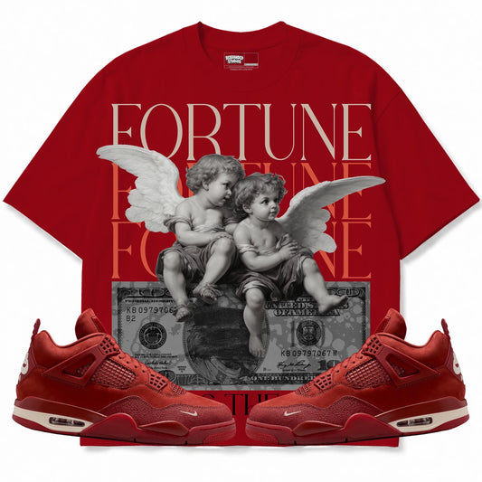Rebranded Studios Fortune Favors The Bold Air Jordan 4 Brick By Brick red shirt — front with sneakers