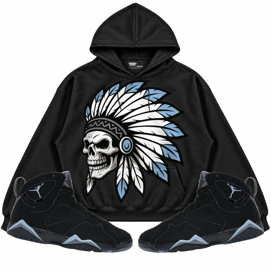 Rebranded Studios Chief 2.0 Air Jordan 7 Chambray Black hoodie — front with sneakers