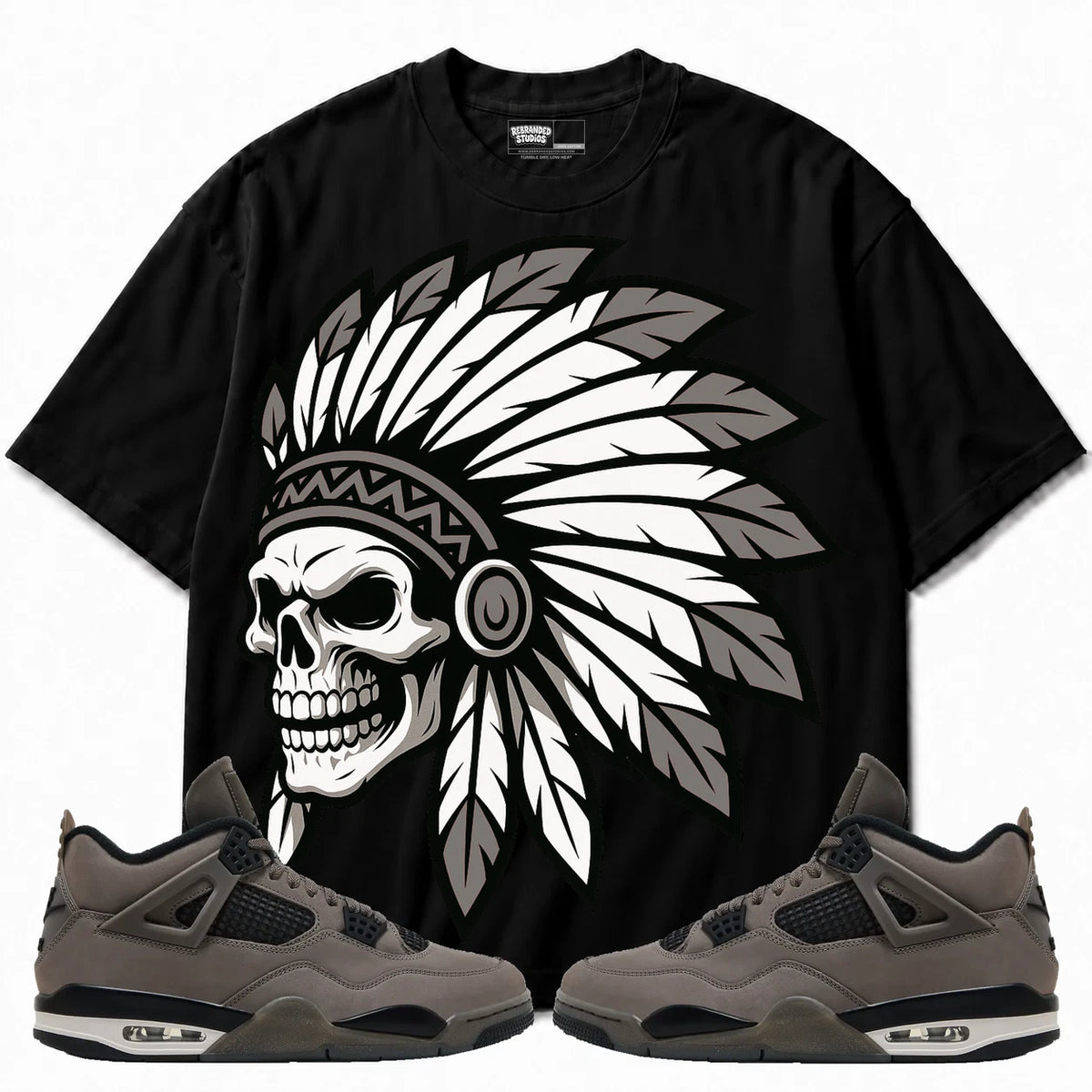 Rebranded Studios Chief 2.0 Air Jordan 4 Cave Stone Black shirt — front with sneakers