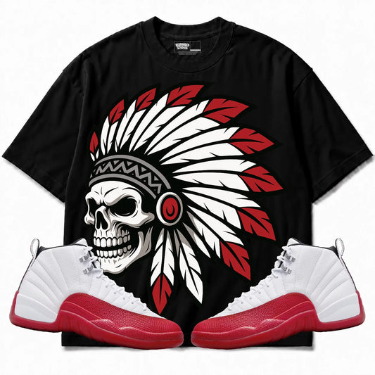 Rebranded Studios Chief 2.0 Air Jordan 12 Cherry Black shirt — front with sneakers