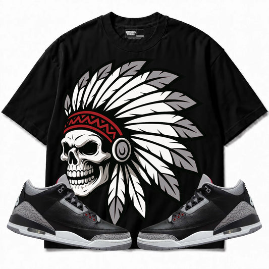 Rebranded Studios Chief 2.0 Air Jordan 3 Black Cement Black shirt — front with sneakers