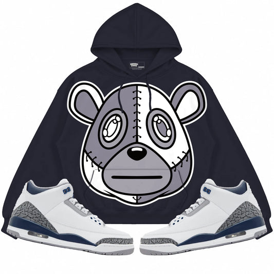 Rebranded Studios Rebranded Bear Air Jordan 3 White Navy Collection navy hoodie — front with sneakers
