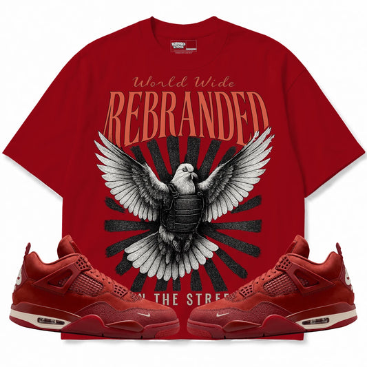Rebranded Studios Run The Streets Air Jordan 4 Brick By Brick red shirt — front with sneakers