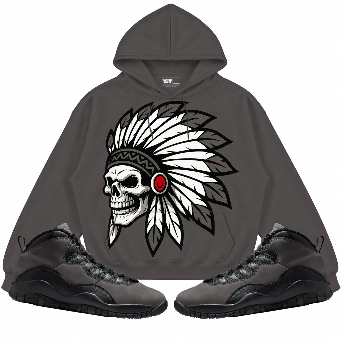 Rebranded Studios Chief 2.0 Air Jordan 10 Shadow Charcoal gray hoodie — front with sneakers